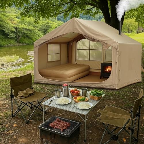 10' x 8' Inflatable Tent for Camping, 6-8 People Blow up Tent, 4 Season Inflatable House with Stove Jack, Waterproof Portable for Camping Outdoor