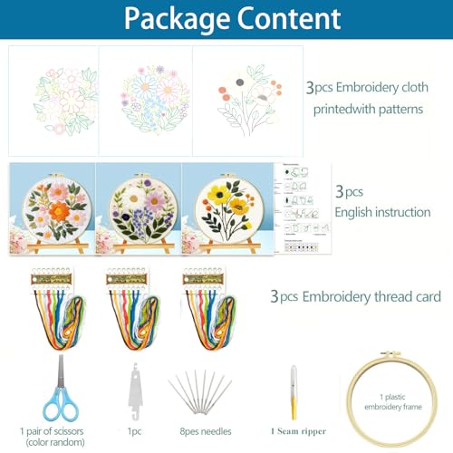 Image of Zhenqing 3-Pack Floral Embroidery Kit for Beginners with Printed Patterns - Complete Embroidery Set with Hoop, Threads, Cotton Fabric & Tools for Home Decor (C0153)