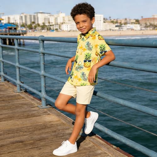 Image of uideazone Size 9-10 Boys Hawaiian Shirts Kids Short Sleeve Button Down Casual Shirt Pineapple Print Blouse Beach Style Summer Wear Tops for Dailywear Camping Hiking Climbing Beach Volleyball