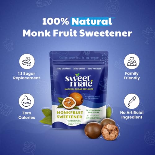Image of Sweetmate Monk Fruit Natural Sweetener - 200g | 1:1 Sugar Substitute | Zero Calorie, Keto & Diabetic Friendly | Plant-Based Sugar Alternative for Cooking, Baking & Beverages