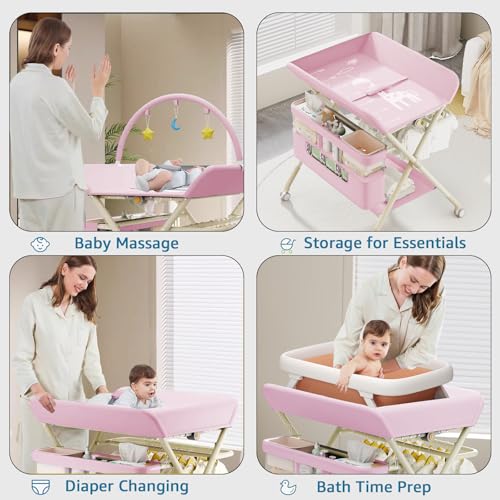 Image of Changing Table, Portable Baby Changing Table with Wheels, Upgraded Foldable Diaper Changing Station with 5-Level Adjustable Height & Large Nursery Organizer Storage for Newborn Infant (Pink)