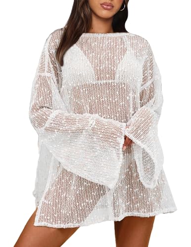 Gleeneat Bathing Suit Cover Up for Women Crochet Boat Neck Swimsuit Bathing Suit Beach Bikini Coverup 2026 Summer Sexy Trendy Water Party Swimwear White