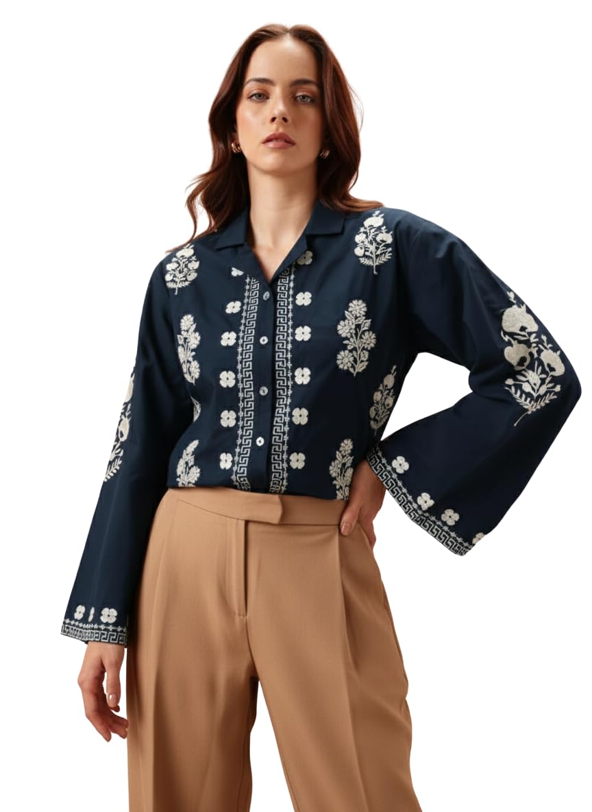 winza designer Cotton Floral Embroidered Crop Shirt for Women | Long Bell Sleeve Collared Casual Summer Shirt Korean Style | Shirts for Party & Trip | Shirt for Plus Size Women (XS-6XL)-picture-1