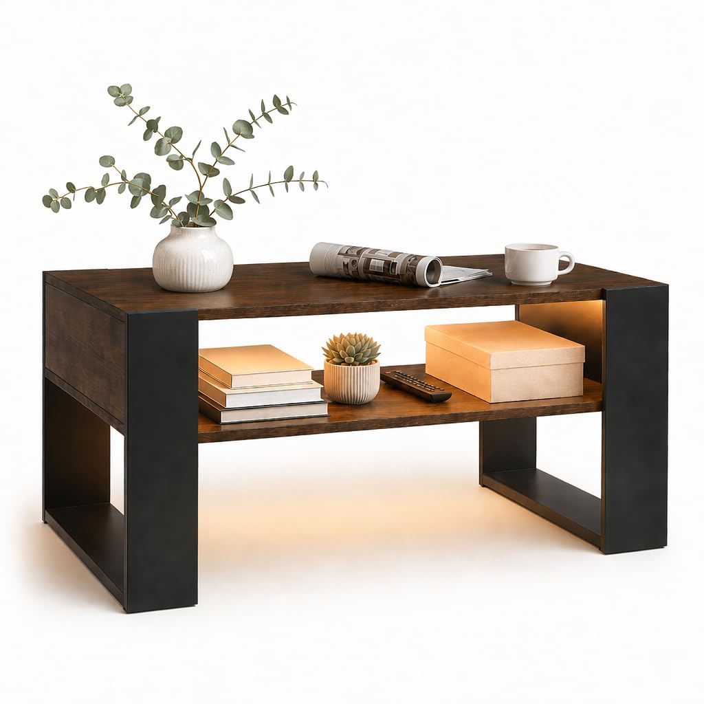 LED Couchtisch mit Stauraum, Wohnzimmertisch mit 2 Ebenen, moderner Sofatisch aus Holz, Beistelltisch fürs Wohnzimmer im Industrie-Design, 92x47x45 cm, Vintage Braun-Schwarz