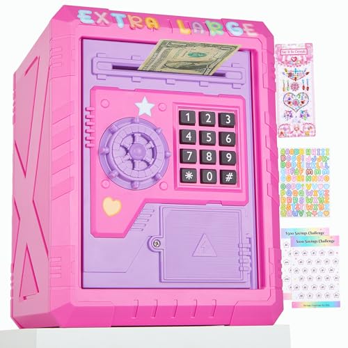 Large ATM Piggy Bank for Kids Electronic Bank with Password Lock, Safe Coin Bank for Boys and Girls Cash Savings Box for Children, Pink