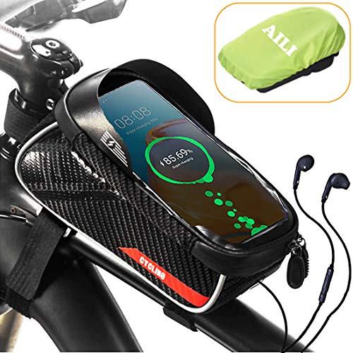 AILI Bolsa De Montaje Para Teléfono De Bicicleta, Bolsa De Manillar De Tubo Superior Impermeable Con Marco Frontal De Ciclismo Con Estuche Para Soporte De Pantalla Táctil |Negro|6.2 pulgadas