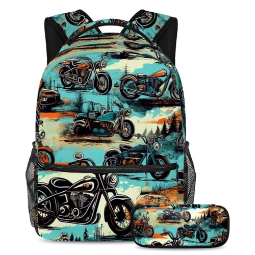 Cartables vintage moto colorée avec trousse pour étudiants en voyage