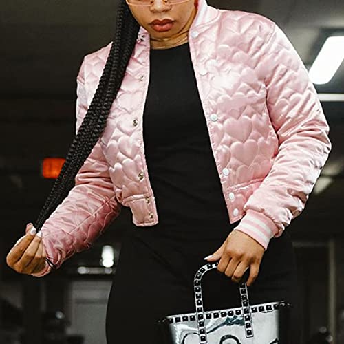 Women's Baseball Varsity Jacket Cropped Bomber Quilted Jackets Sweatshirt Vintage Casual Lightweight Crop Top Aesthetic Coat Pink #TOP4