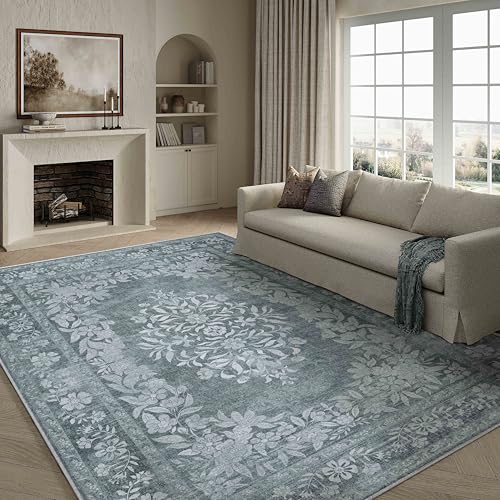 8x10 Area Rug Gray Washable Vintage Distressed Living Room Carpet Large Bedroom Indoor Medallion Floral Non Slip Retro Throw Floor Mat for Office Dini