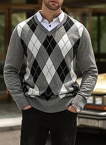 JMIERR Mens Sweaters Casual V Neck Ribbed Knit Slim Fit Long Sleeve Argyle Pullover3