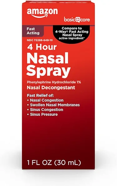 Amazon Basic Care Nasal Four Nasal Spray, Phenylephrine Hydrochloride 1 Percent, Nasal Decongestant, 1 fl oz (Pack of 1)