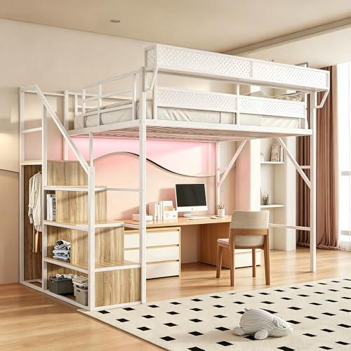 Image of Queen Size Metal Loft Bed with Reversible Stairs and LED & USB Port | Storage Shelf, Reversible Storage Stairs with Wardrobe, LED Lights,USB Charging Port,Noise-Free Design, Large Under Bed