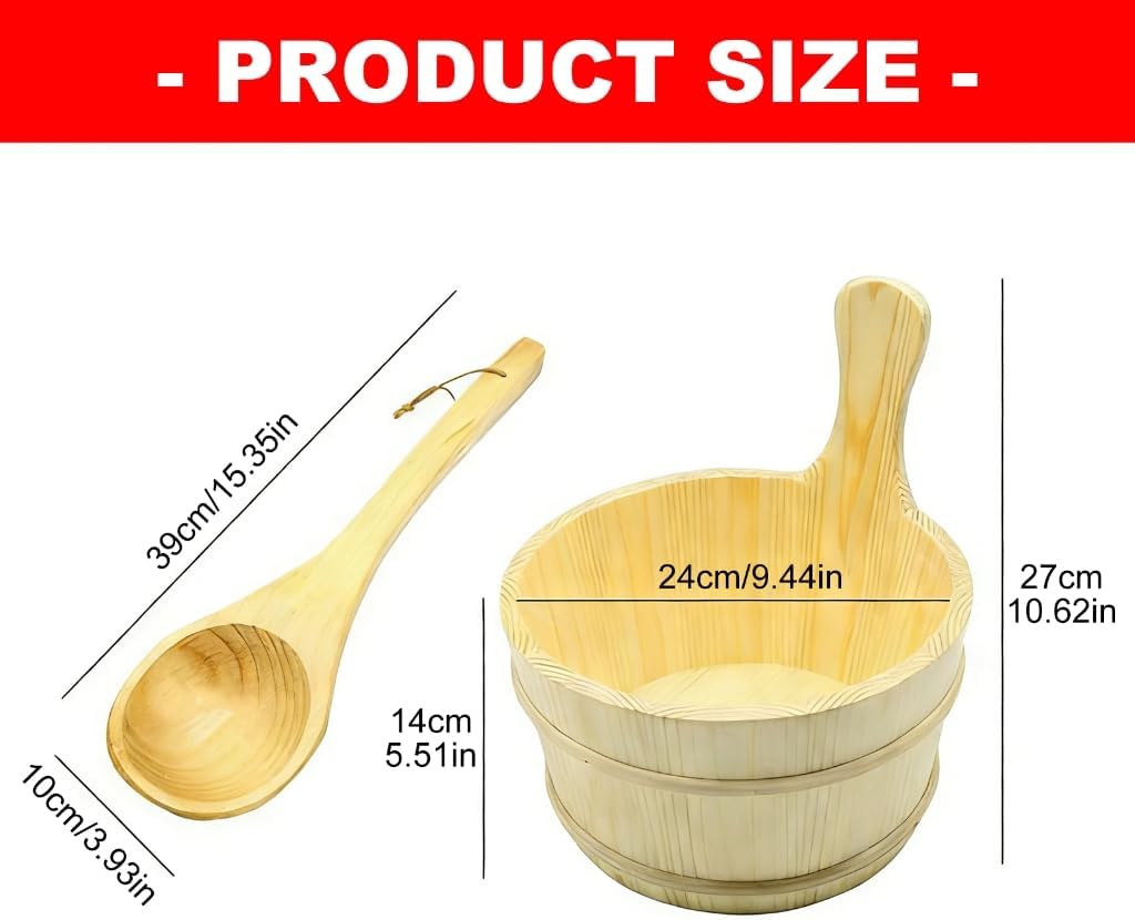 Sauna Bucket and Ladle Set, Wooden Bucket and Ladle, 1 Gallon (4 Liters) Water Capacity, Handmade from Natural Pine with Rope Handle, Sauna Accessories Kit for Sauna Room Use Steambath Bucket