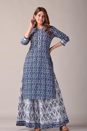 Image of KANNAHI Women Pure Cotton Blue and Rust Ethnic Motif Ajrakh Handblock Printed Kurta Set