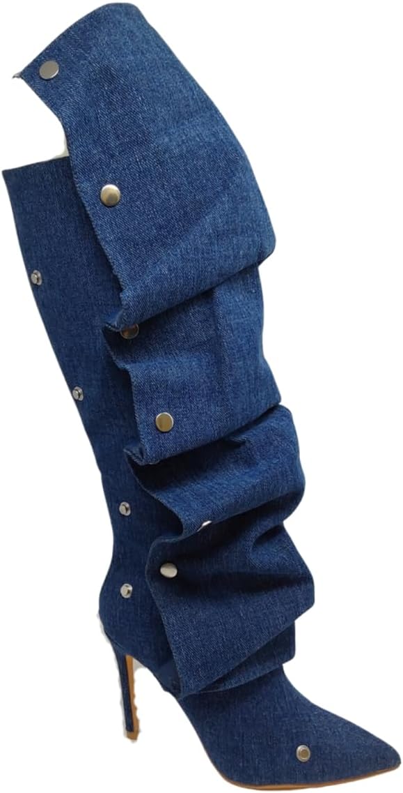 Liliana Women's Pointed Toe Stiletto High Heels Pleated Button Detachable Fold Over Slouchy Boots (Runs Small)