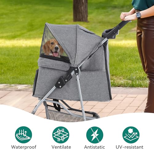 YITAHOME Haustierbuggy für mittelgroße Hunde, 4-Rad-Hundebuggy mit Aufbewahrungskorb, Faltbarer Haustier-Reisewagen mit Getränkehalter & Aufbewahrungskorb (Grau)