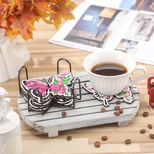 Image of 8 Pack Butterfly Shaped Diamond Painting Coasters with Holder - DIY Rhinestone Cup Mats Set for Table Decoration, Bling Craft Kit & Gift for Women Adults