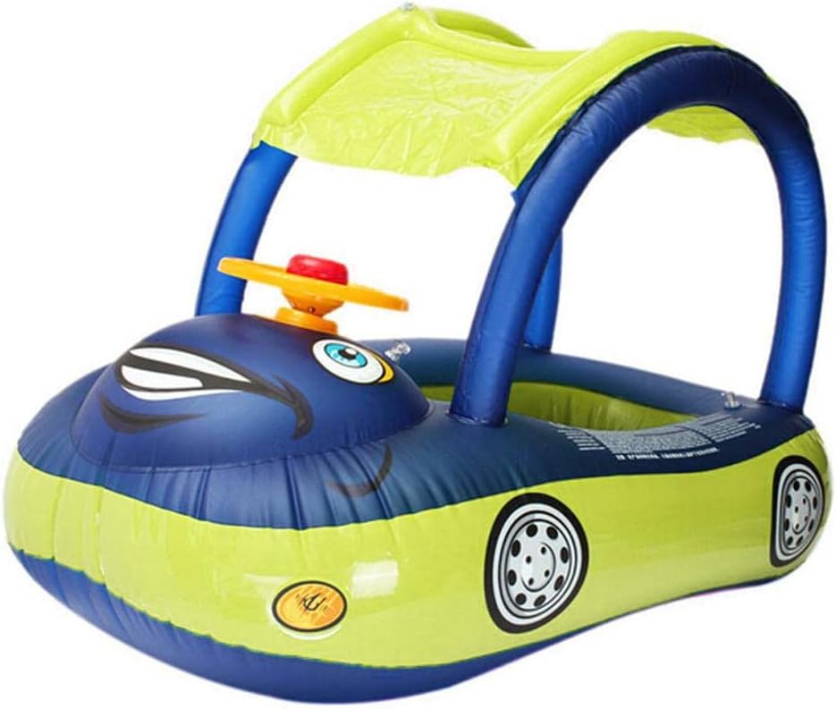 BAFOVY Car Shaped Baby Pool Float with Canopy, Inflatable Swim Boat with Sunshade Steering Wheel Horn for Kids Toddlers Beach Outdoor