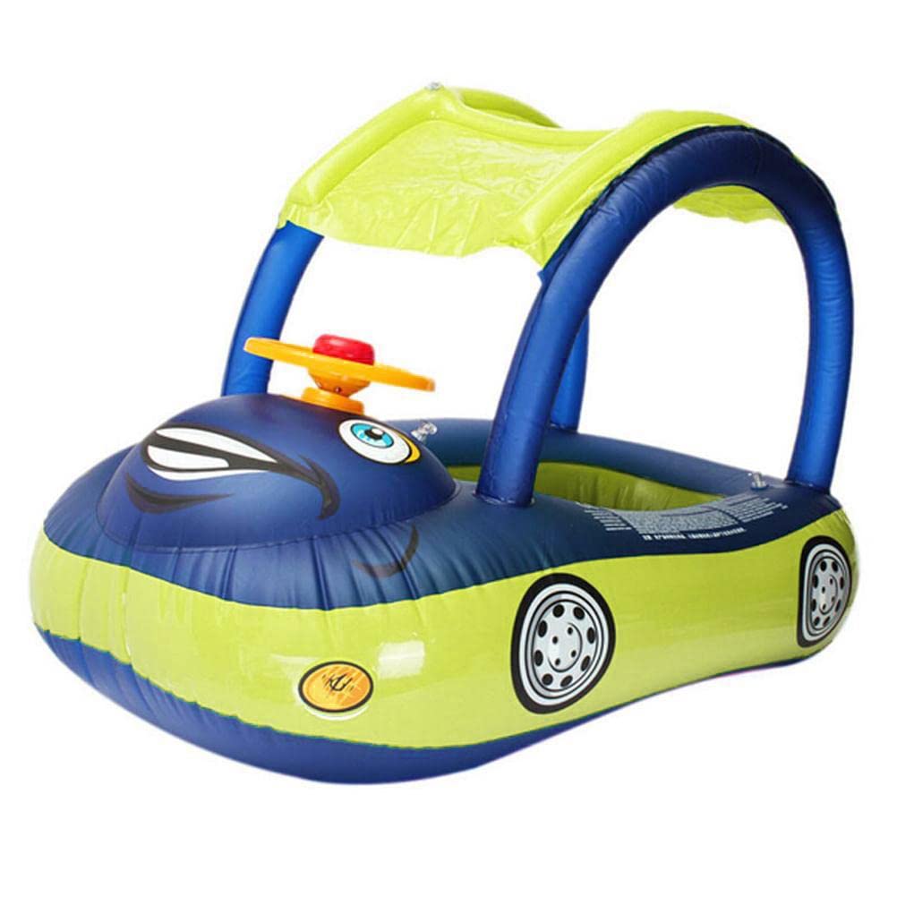 KENANLAN Toddler Pool Float Inflatable Car Baby Swim Float with Sun Canopy Thick PVC Swimming Pool Floaties for Baby Kids Summer Beach Outdoor Play (Dark blue + green)