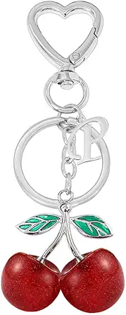 Heart-Shaped Keychain with Initial A-Z and Cherry Charm Bag Charms for Women,Car Accessories