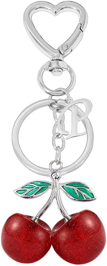 Heart-Shaped Keychain with Initial A-Z and Cherry Charm Bag Charms for Women,Car Accessories