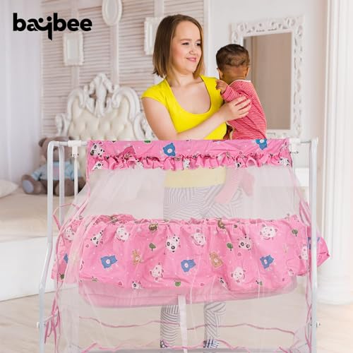 Image of BAYBEE Cradle for New Born Baby with Mosquito Net & Bedding Set, Baby Jhula, Thottil, Infant Uyyala, Safety Spring Palna, Cotton Sleeping Swing for Boys & Girls (Pink)