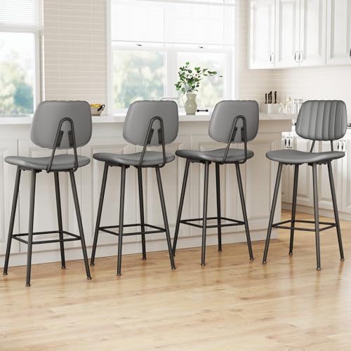 Image of Raynesys 29-Inch Leather Bar Stools Set of 4 with High Backrest, Grey
