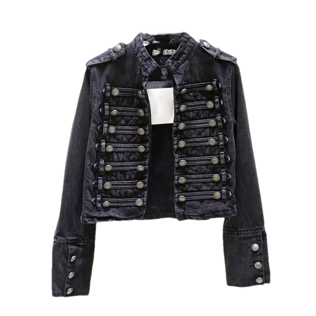 Hndudnff Chaquetas de mezclilla con cuello alto militar para mujer, chaqueta de mezclilla corta de doble botonadura