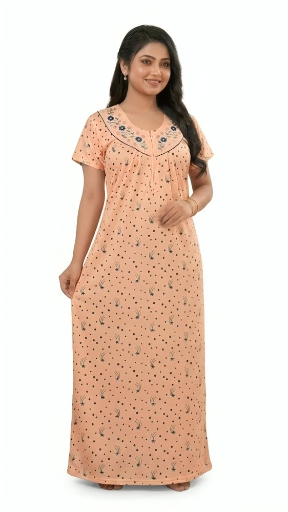 Naina Enterprises Premium Hosiery Nighty for Women | Peach Printed Long Nightgown with Elegant Embroidery & Front Zip.-image-30