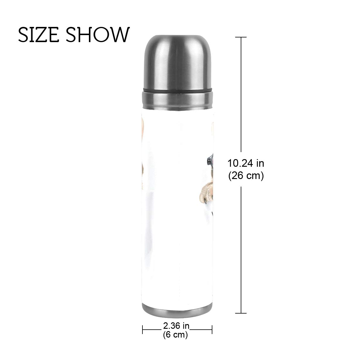 Taza de viaje aislada al vacío de acero inoxidable con doble pared a prueba de fugas, botella de taza con diseño de gato divertido personalizado impreso en piel auténtica, termo de 500 ml