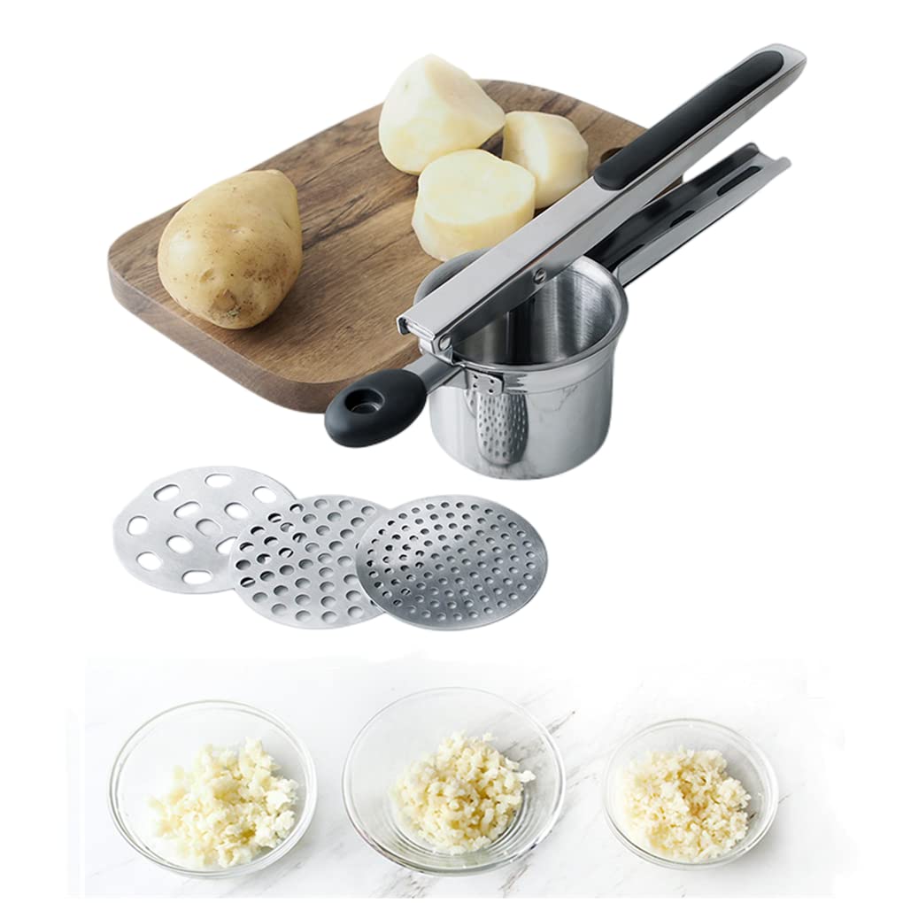 Stainless Steel Potato Masher with 3 Interchangeable Mesh and Silicone Handle, Potato Press and Fruits