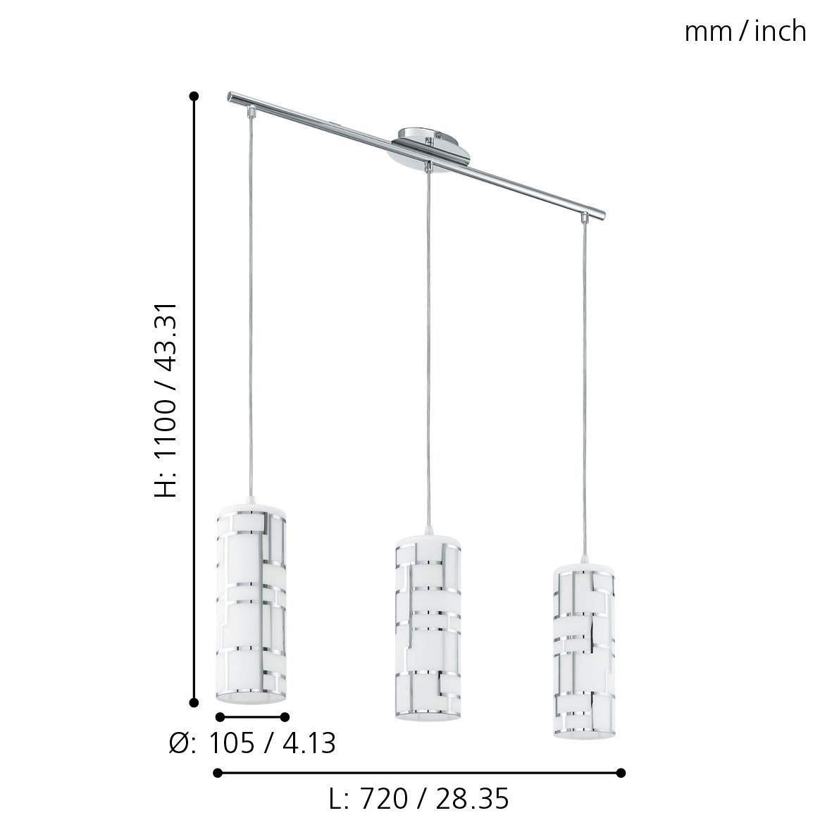 EGLO Pendelleuchte Bayman, 3 flammige Hängelampe, Elegant | Hängeleuchte aus Stahl und Glas mit Dekor in Chrom, Weiß, Esstischlampe, Wohnzimmerlampe hängend mit E27 Fassung