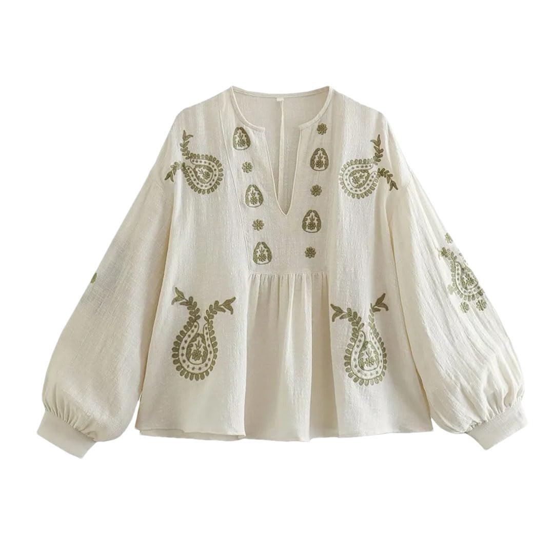 Camicia estiva da donna con scollo a V, maniche a lanterna, ampia, con fiori ricamati, in cotone