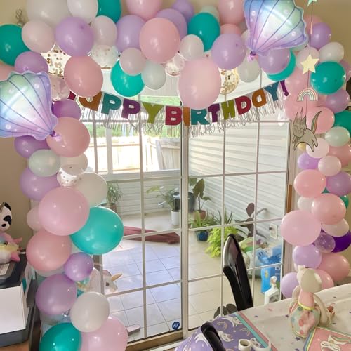 Image of Mermaid Balloons, Pastel Pale Pink Light Purple Lilac Teal Pearl White Balloons with Seashell Foil Balloon Confetti Balloon for Girls Kid Sea Birthday Party Ocean Under The Sea Baby Shower Decorations