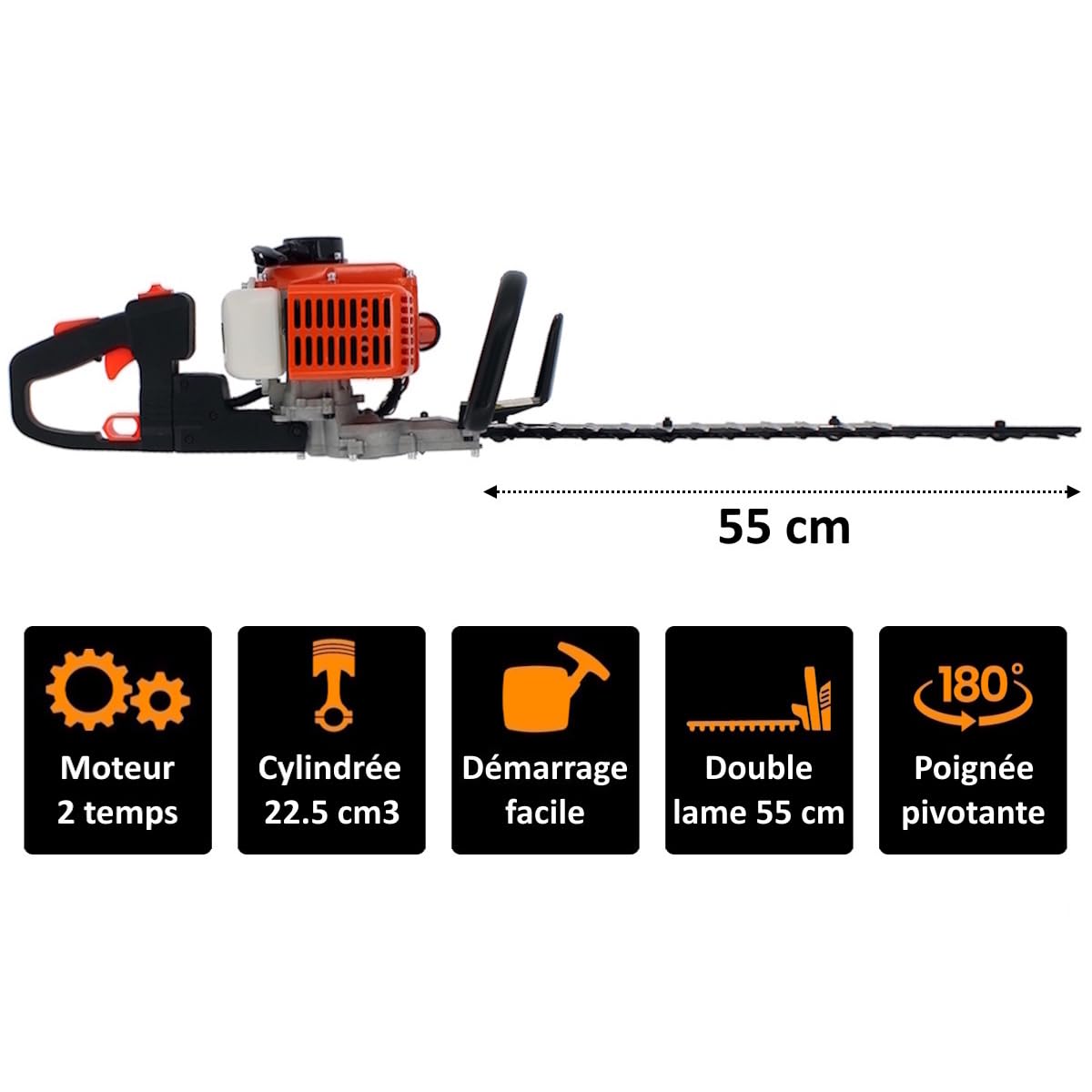 GT Garden Taille-Haies Thermique, 22.5 cm3, 1.1 CV, Double Lame 55 cm