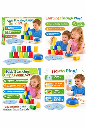 Image of Fast Stacking Cups Game for Kids with Color Pattern Cards & Bell | Montessori Speed Cup Challenge Toy for Toddlers & Preschool Learning | Hand-Eye Coordination,Skill Set (Fast Cup STAKKING)