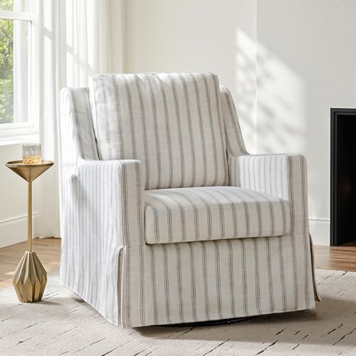 HULALA HOME Swivel Rocker Chair Farmhouse Swivel Rocking Accent Chair with Washable Slipcover Striped Fabric Barrel Armchair with Down Filled Cushions Grey