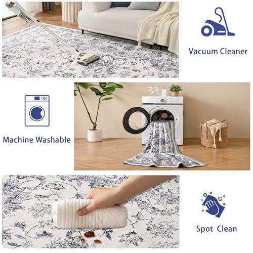 Image of Washable Rug 8x10 for Living Room - Navy Blue Stain Resistant Urtla Thin Area Rugs with Non Slip Rubber Backing - Indoor Floor Carpet for Dining Room Home Office Dorm, Blue /White