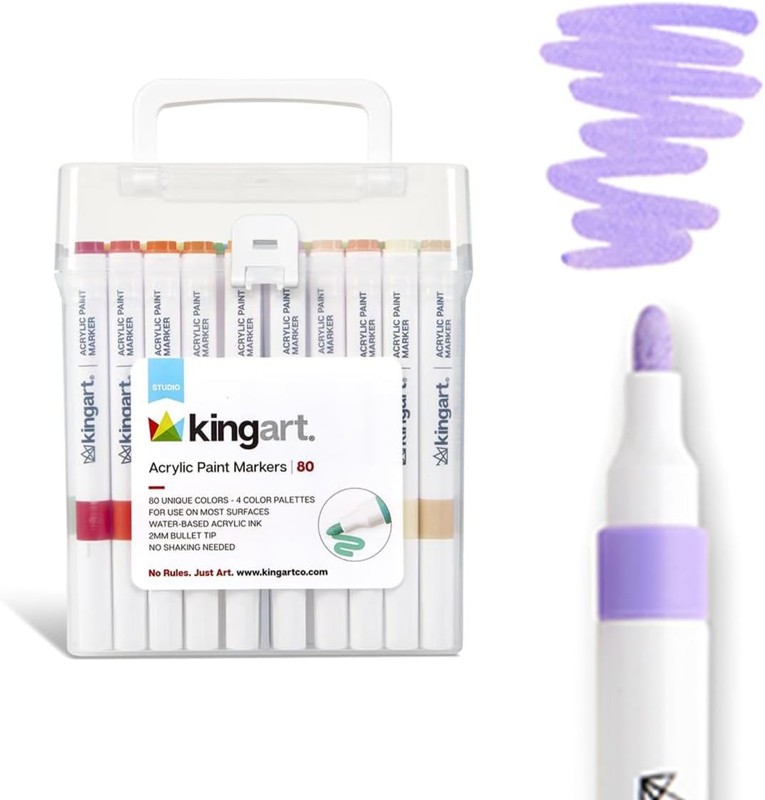 KINGART 80-Color Acrylic Paint Marker Set – Water-Based Opaque Pens with 2mm Bullet Tip for Rock, Wood, Glass, Ceramic, and Canvas – Includes Bright, Pastel, Floral, and Neutral Palette Palettes
