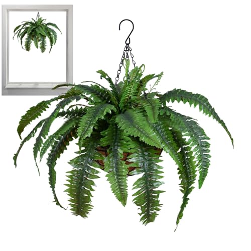 Cesta de helecho artificial – plantas artificiales en cesta – Planta falsa de helecho de algas marinas – Gran helecho de seda resistente a los rayos UV para dormitorio o sala de estar