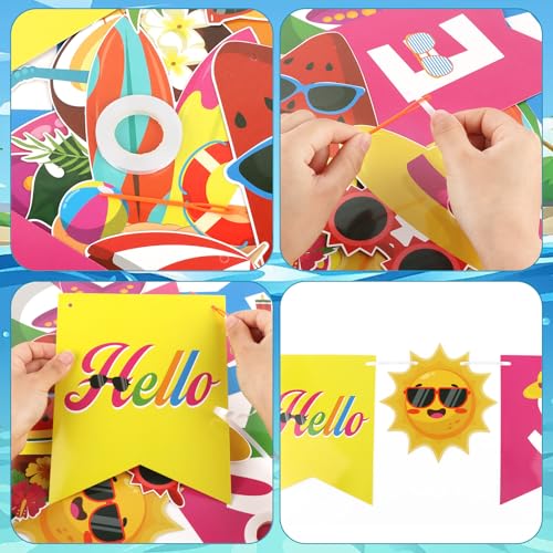Image of Hello Summer Banner Beach Patterns Colorful Summer Pool Party Bunting Garland Banner Hanging Beach Decor for Kids Holiday Birthday Party Decorations Indoor Outdoor Home Office School Classroom