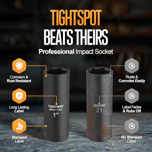 Image of TIGHTSPOT 3 /8 Inch Drive 1Inch Deep Impact Socket with Anti-Rounding 6 Point Design, Heat-Treated CRV Steel