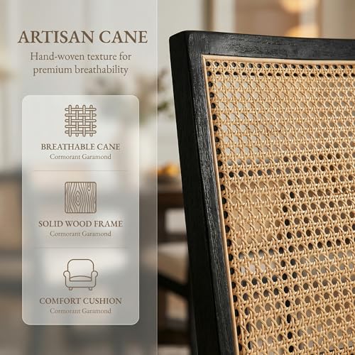 Image of HNY Farmhouse Rattan Dining Chairs Set of 4, Black Solid Hardwood Frame, Upholstered Linen Seat, Ergonomic Cane Back Dining Room Chairs for Kitchen, Dining Room, Apartment, Beige