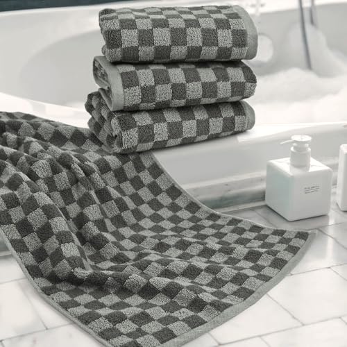 Image of Soft Hand Towels 4 Pack, Grey Checkered Face Towel Set for Bathroom Kitchen | Decorative Quick Dry Towel 13x29 Inches