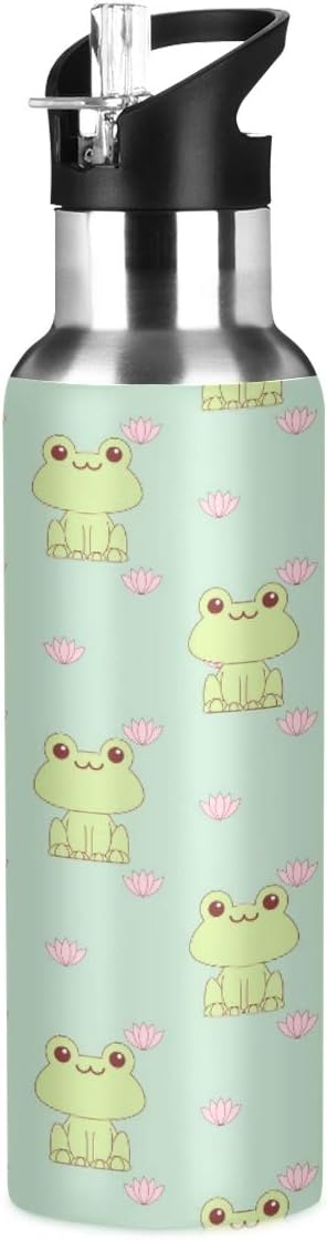 Cute Frog Flower Water Bottle with Straw Stainless Steel Vacuum Insulated Water Bottle 20oz BPA Free Green Sports Bottle for Gym Hiking
