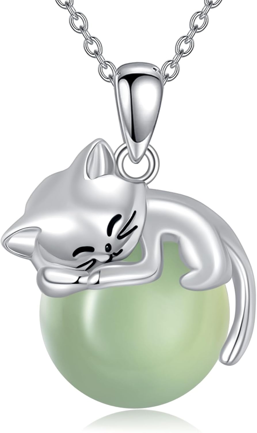 Cat Necklace 925 Sterling Silver Green Oynx Pendant Necklace Animal Cat Mom Jewelry Gift for Women