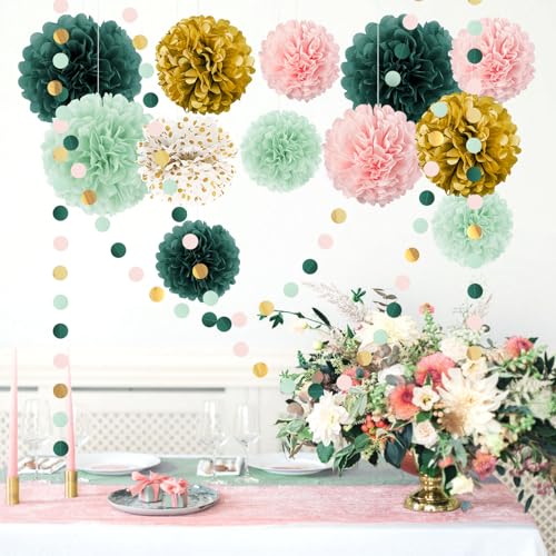 Image of AOBKIAT Wedding Birthday Party Decorations Set,15PCS | Sage Green Pink Tissue Paper PomPoms,Garland String Hanging Backdrop for Baby Shower, Boho Bridal Wedding Theme Decor