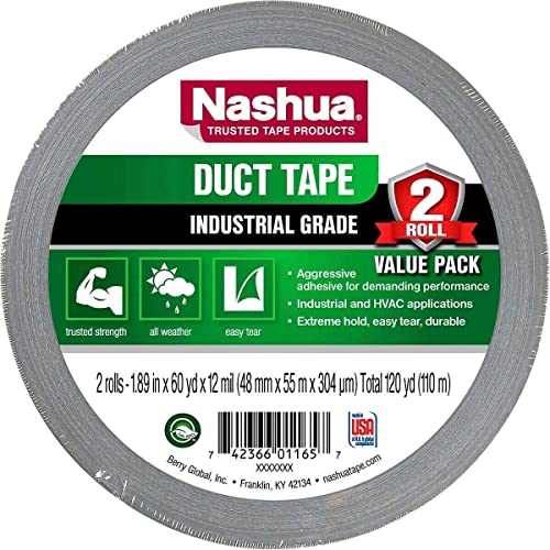 Nashua 398/SI260 398 Professional Grade Duct Tape, 27 lb. per inch Tensile Strength, 60 yd. Length x 2" Width, Silver