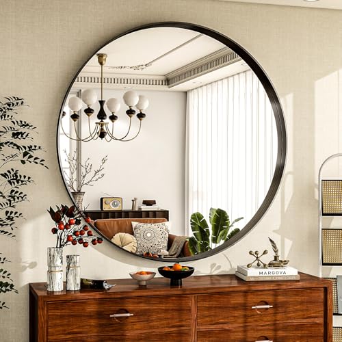 Riskioir 36 inch Round Bathroom Mirror, Black Metal Deep Frame