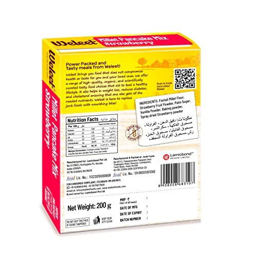 Image of Weleet Millet Pancake Mix | Strawberry Flavour | Pancake Mix Powder, 0% Maida, Gluten Free, Diabetic Friendly - 200 gm, Pack of 1